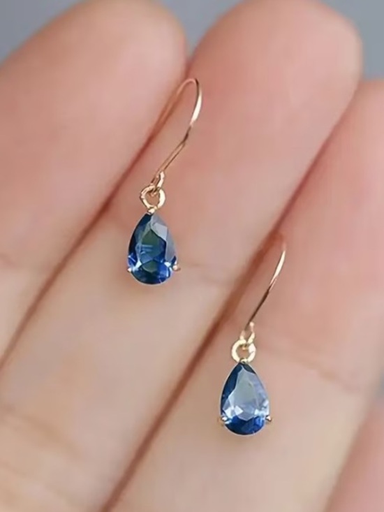 Boutique Jewelry - Gold Drop Earrings with Blue Teardrop Rhinestone